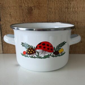 Vintage Rare Merry Mushroom Enamel Mini Stock Pot